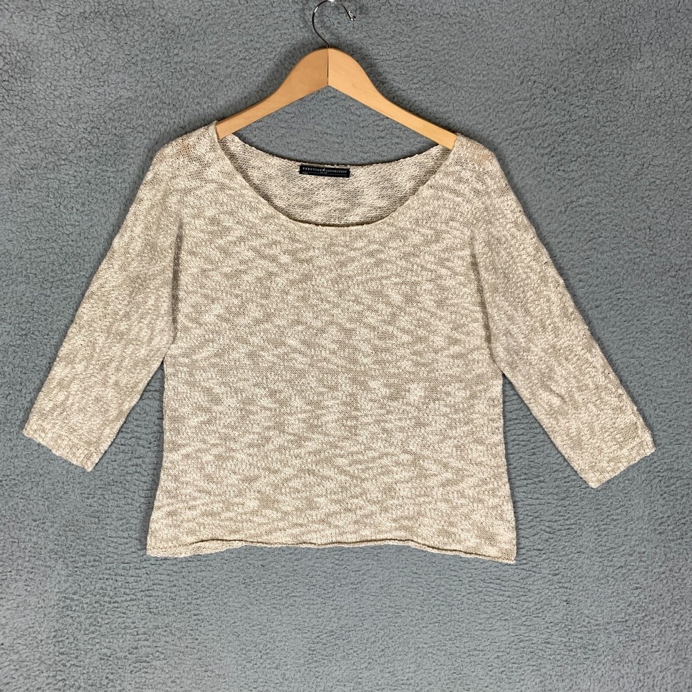 Peruvian Connection Sweater Top Womens Large L Tan Cream Marled Knit 3/4 Sleeve